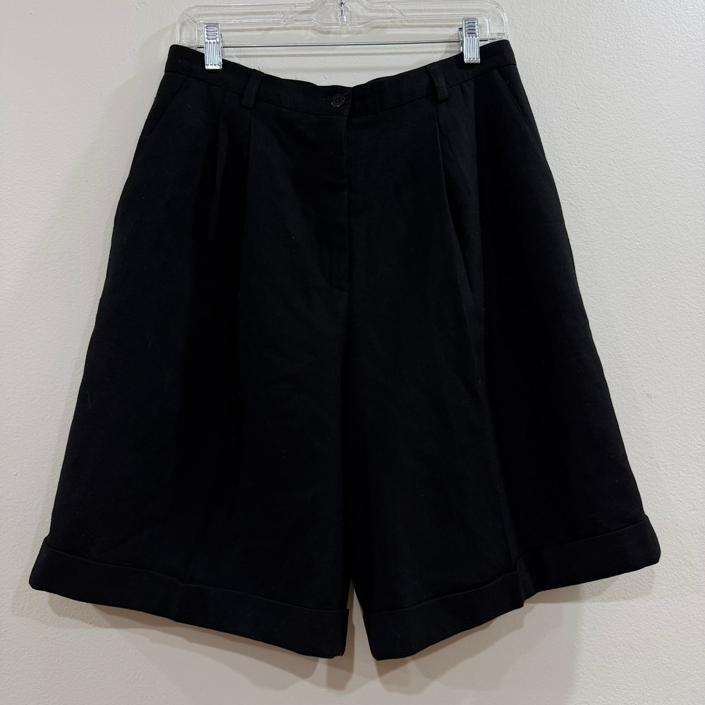 Talbots Shorts Bermuda Women 14 Black Worsted Wool Pleated Cuffed Made in USA